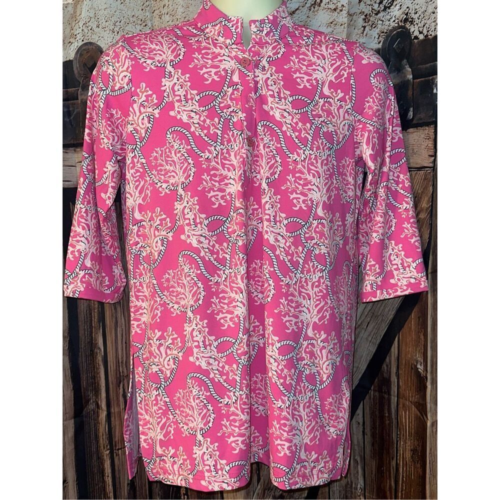 LULU B $83 Smooth Stretch Coral Rope Print high Neck 3/4 length sleeve Size Smal